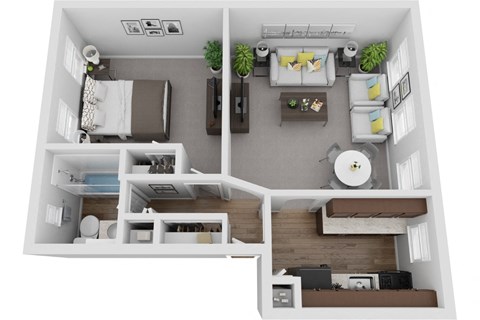 Floor plan for 1 bed, 1 bath, 677 sqft